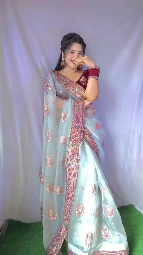 "Elegant Organza Silk Designer Saree with Thread & Sequin Work and Velvet Blouse"