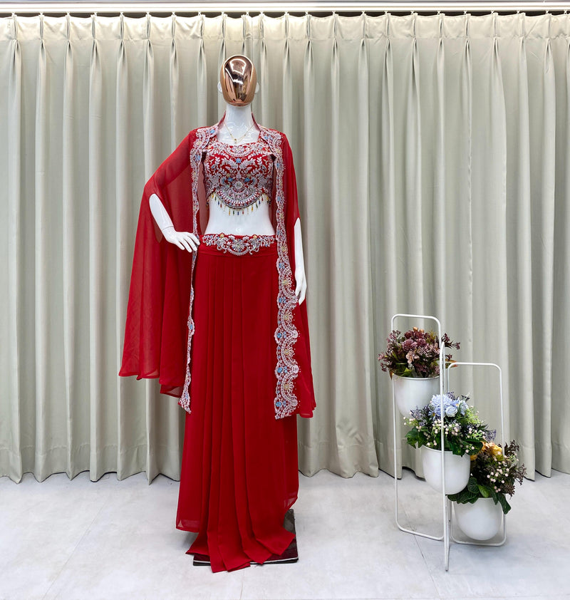 Georgette Blouse, Skirt & Koti Set with Sequins & Diamond Work