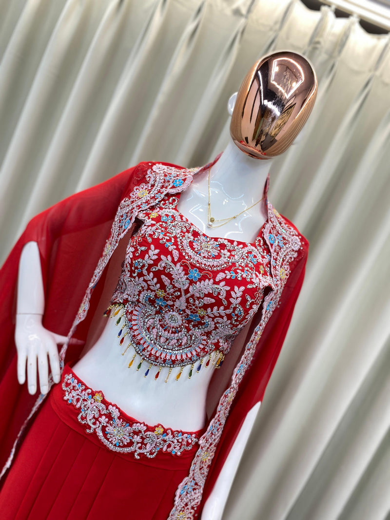 Georgette Blouse, Skirt & Koti Set with Sequins & Diamond Work