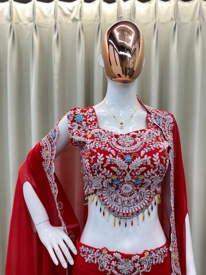 Georgette Blouse, Skirt & Koti Set with Sequins & Diamond Work