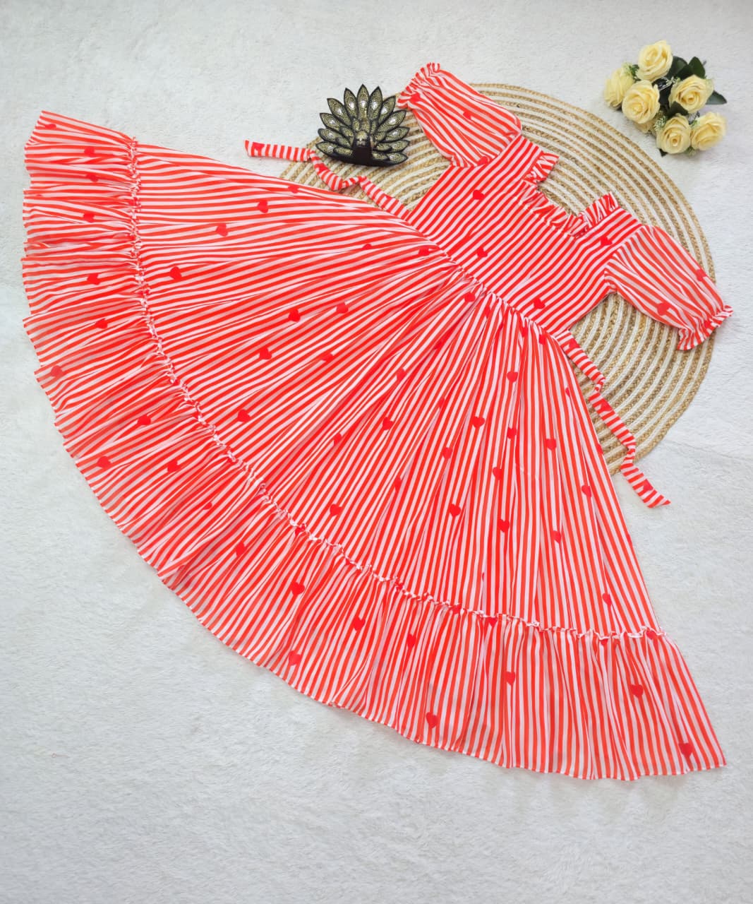 Women’s Striped Printed Midi Dress with Heart Pattern & Ruffle Hem – Stylish Casual & Party Wear Dress