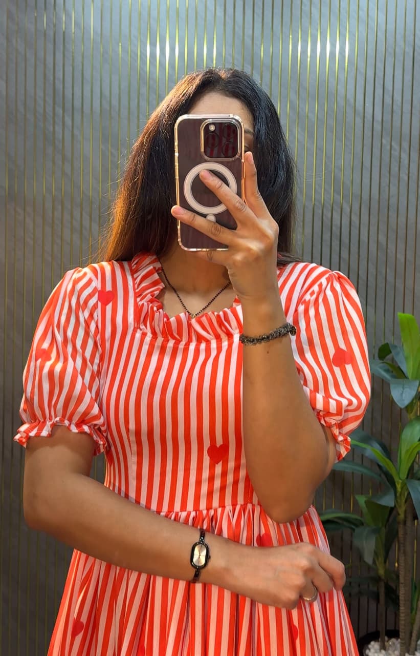 Women’s Striped Printed Midi Dress with Heart Pattern & Ruffle Hem – Stylish Casual & Party Wear Dress