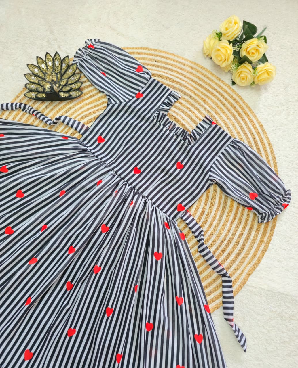 Women’s Striped Printed Midi Dress with Heart Pattern & Ruffle Hem – Stylish Casual & Party Wear Dress