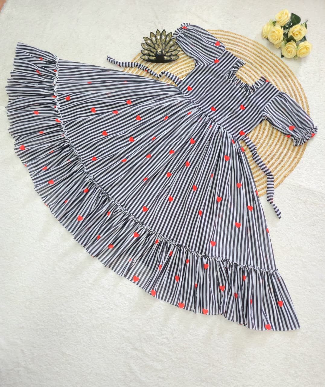 Women’s Striped Printed Midi Dress with Heart Pattern & Ruffle Hem – Stylish Casual & Party Wear Dress