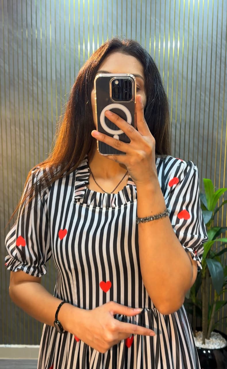 Women’s Striped Printed Midi Dress with Heart Pattern & Ruffle Hem – Stylish Casual & Party Wear Dress