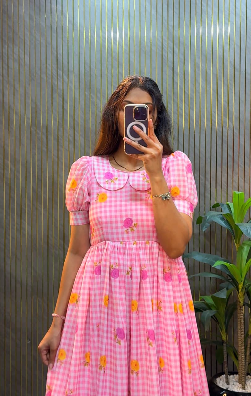Women’s Floral Printed Cotton Midi Dress with Peter Pan Collar & Flared Hem – Casual & Party Wear