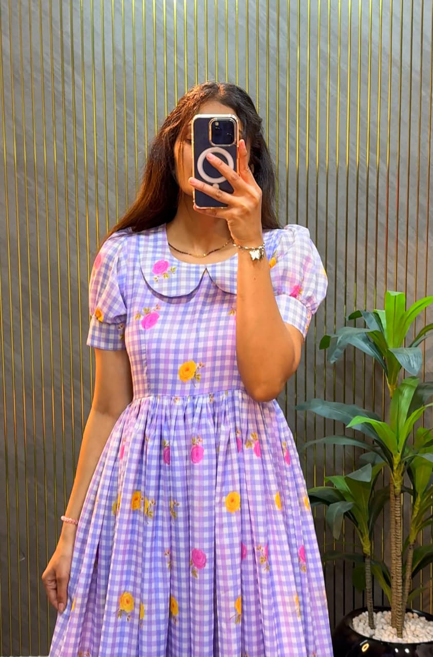 Women’s Floral Printed Cotton Midi Dress with Peter Pan Collar & Flared Hem – Casual & Party Wear