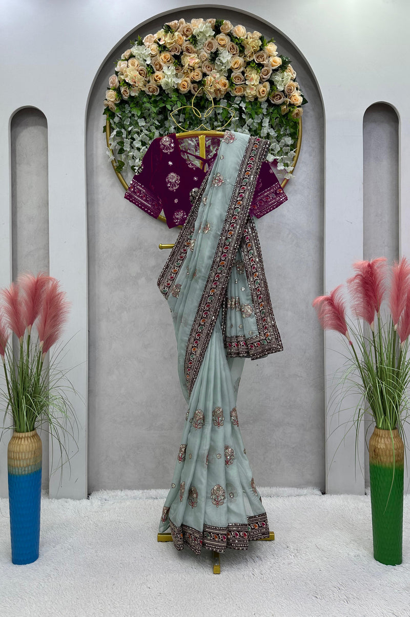 "Elegant Organza Silk Designer Saree with Thread & Sequin Work and Velvet Blouse"