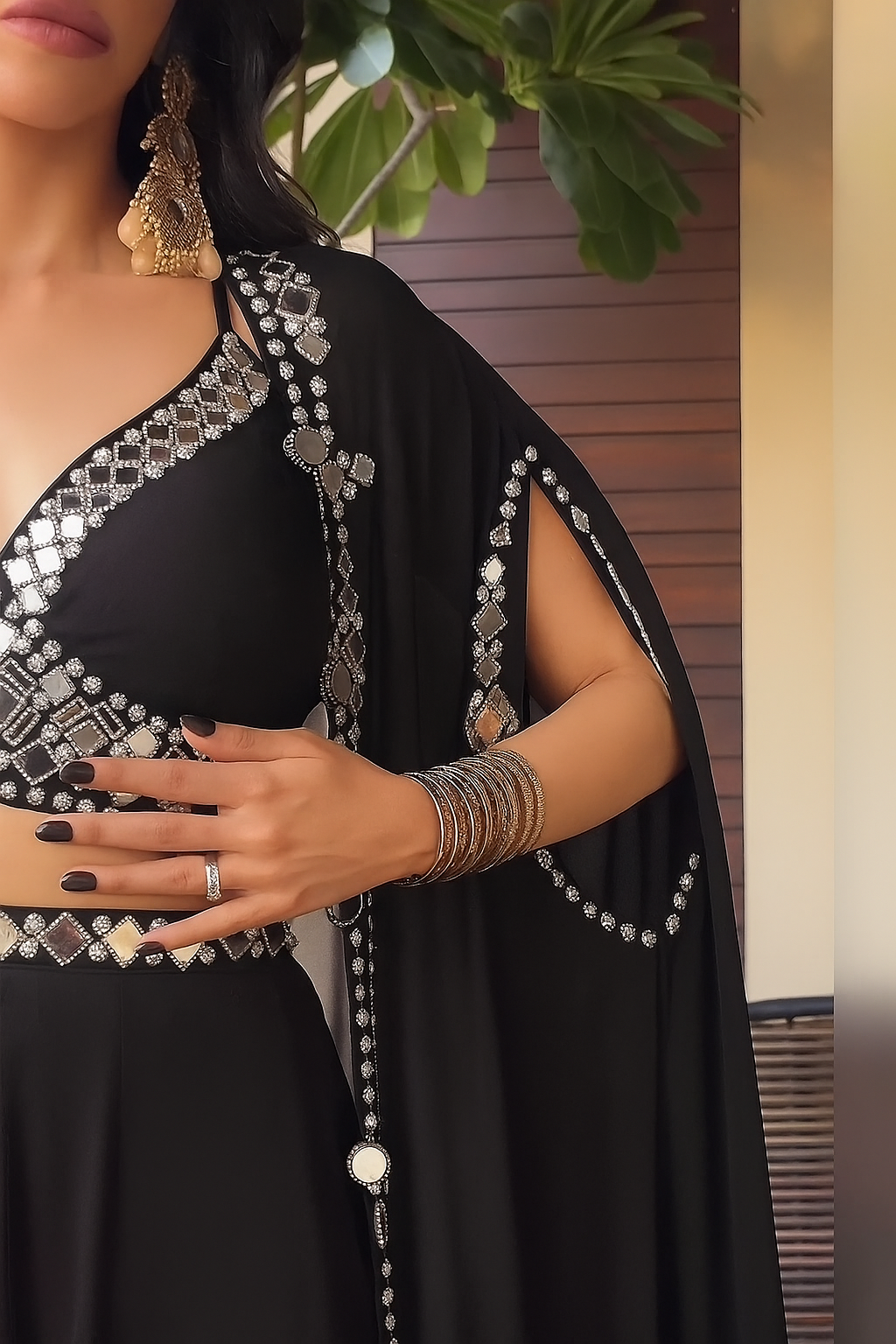 Citrus Pink Draped plazo & Mirror work  Blouse with Cape