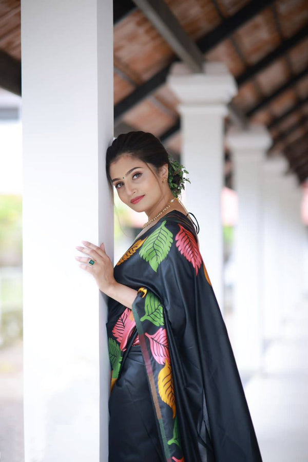 "Elegant Soft Silk Multicolour Leaf Woven Saree with Zari Pallu - Black Beauty"