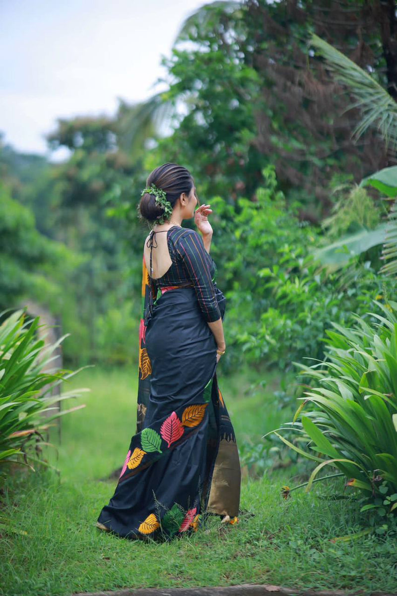 "Elegant Soft Silk Multicolour Leaf Woven Saree with Zari Pallu - Black Beauty"