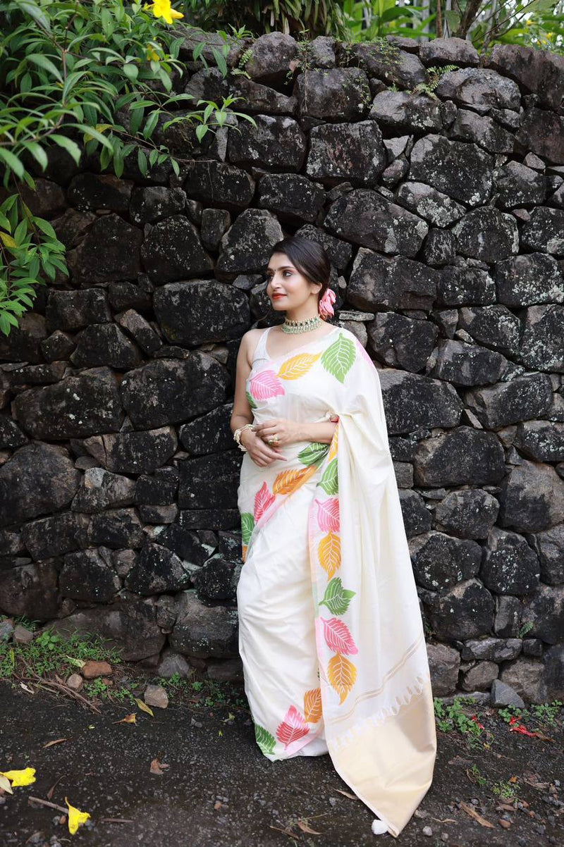 "Elegant Soft Silk Multicolour Leaf Woven Saree with Zari Pallu - Black Beauty"