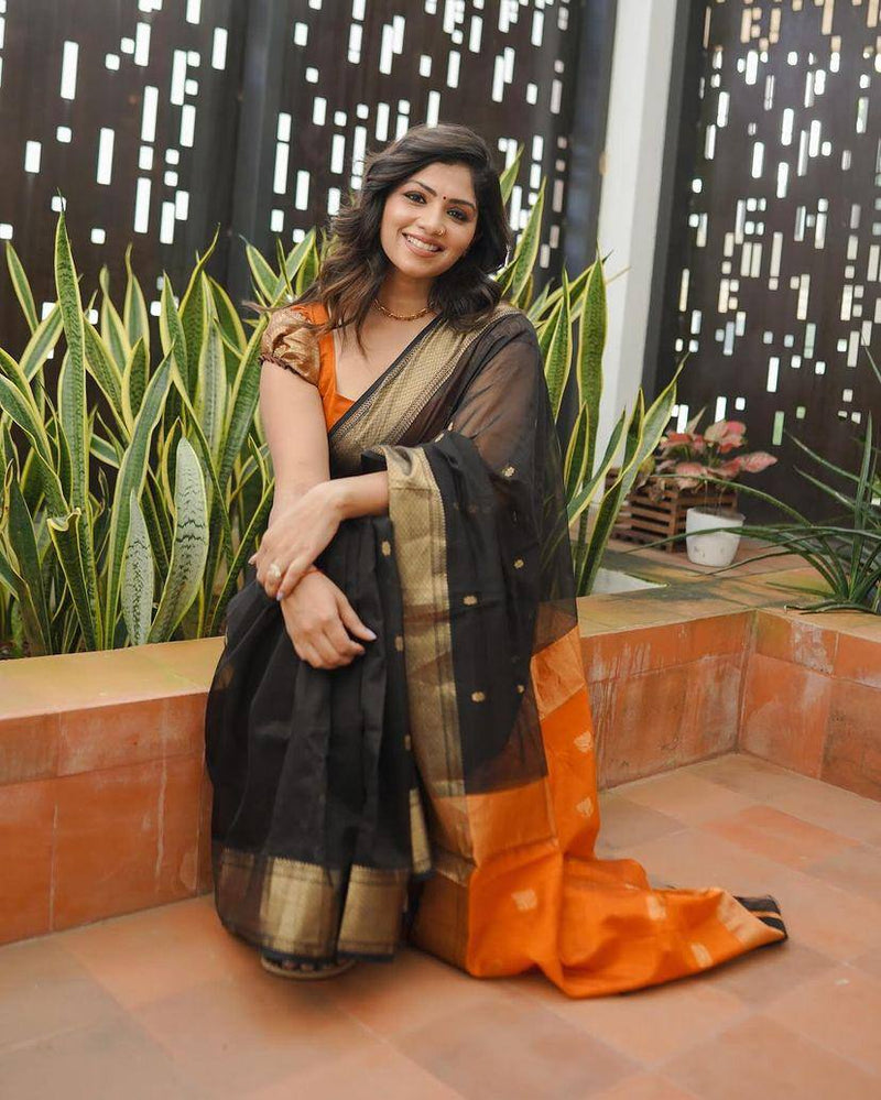 Kala Black-Orange Cotton Silk Saree