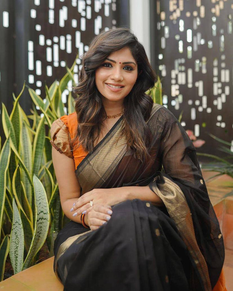 Kala Black-Orange Cotton Silk Saree