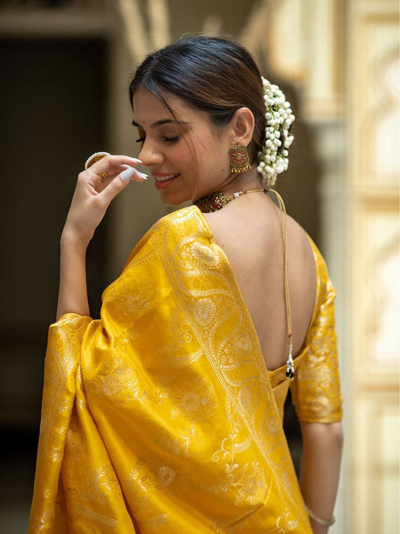 Designer Mustard Litchi Silk Printed Saree With Unstitched Blouse