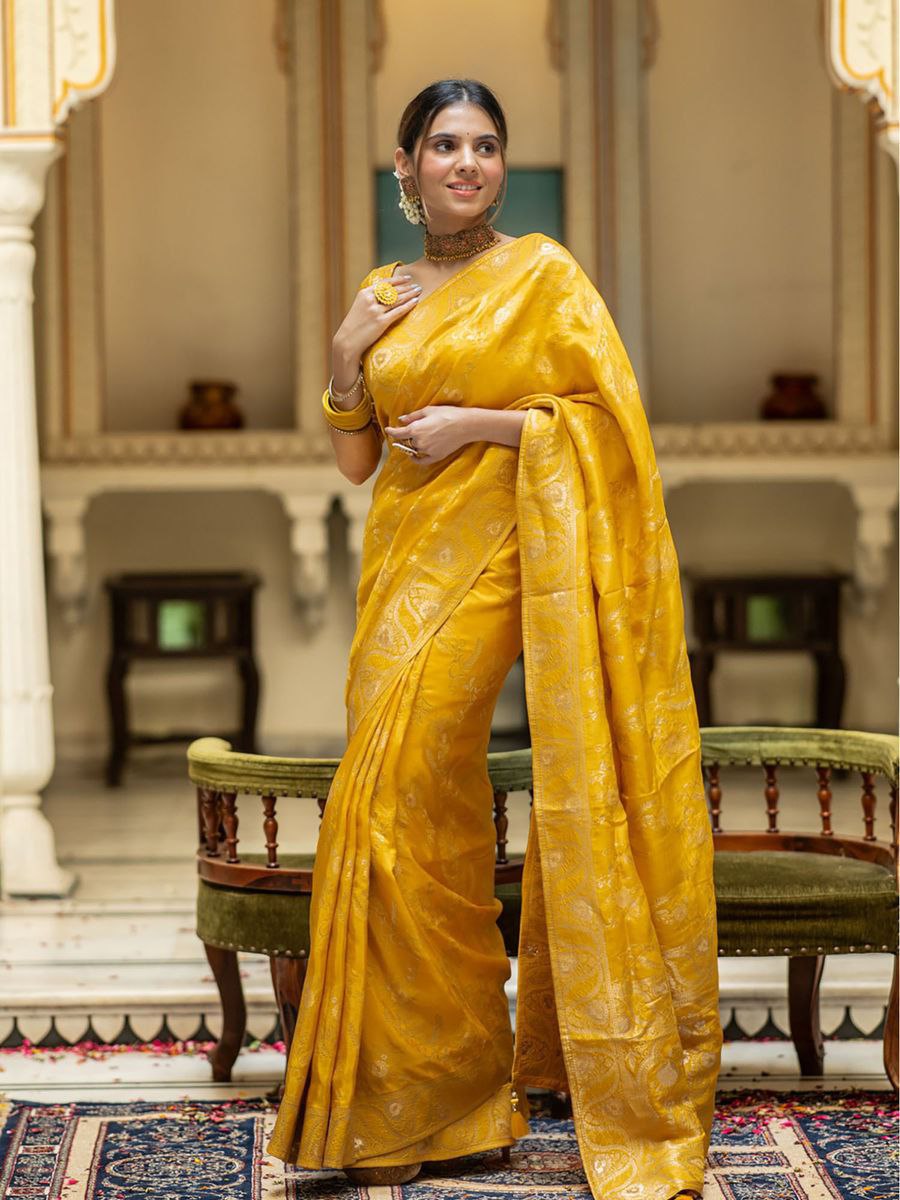 Designer Mustard Litchi Silk Printed Saree With Unstitched Blouse