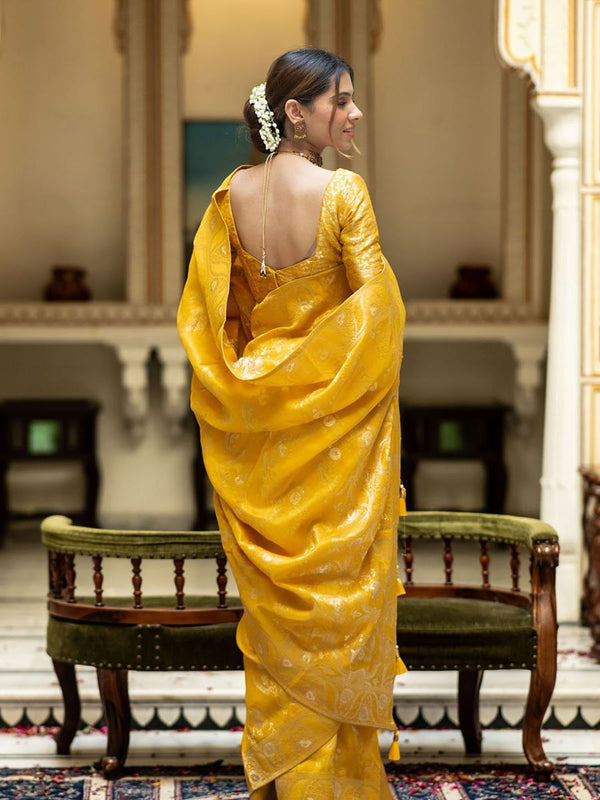 Designer Mustard Litchi Silk Printed Saree With Unstitched Blouse