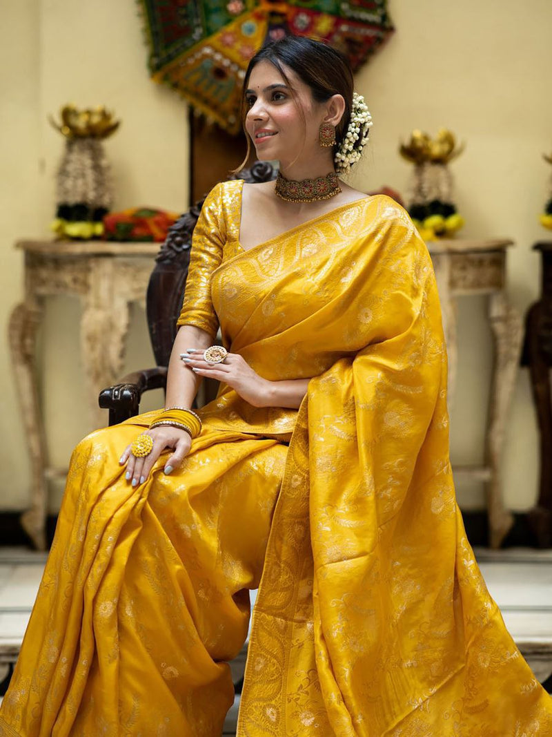 Designer Mustard Litchi Silk Printed Saree With Unstitched Blouse