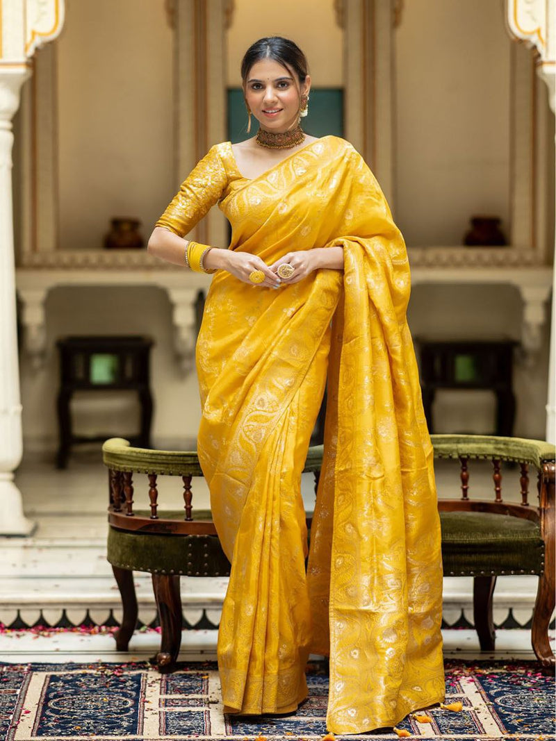 Designer Mustard Litchi Silk Printed Saree With Unstitched Blouse