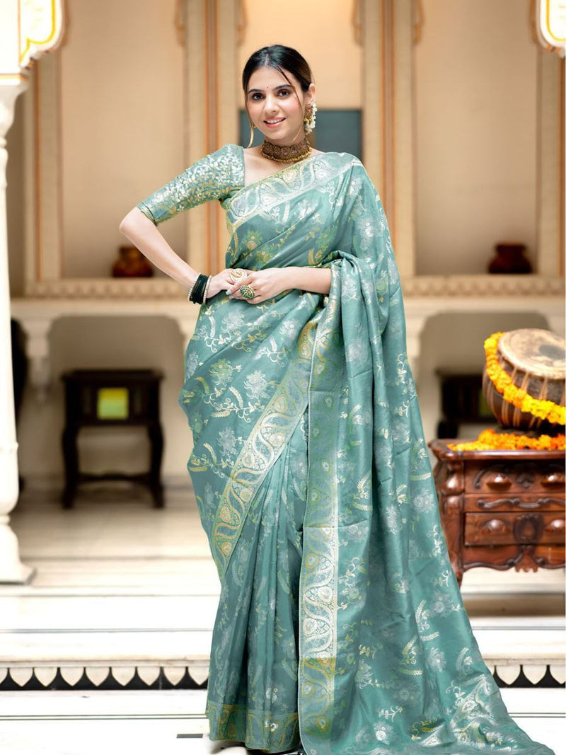 Designer Litchi Silk Printed Saree With Unstitched Blouse