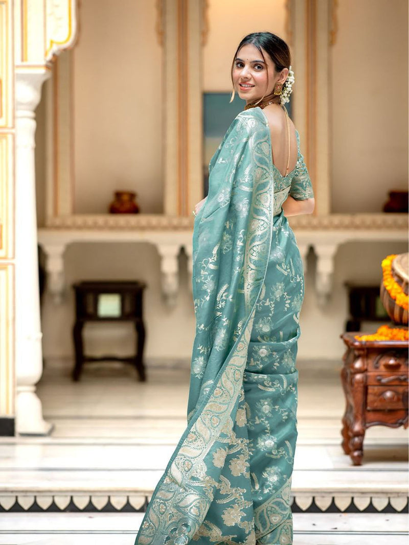 Designer Litchi Silk Printed Saree With Unstitched Blouse