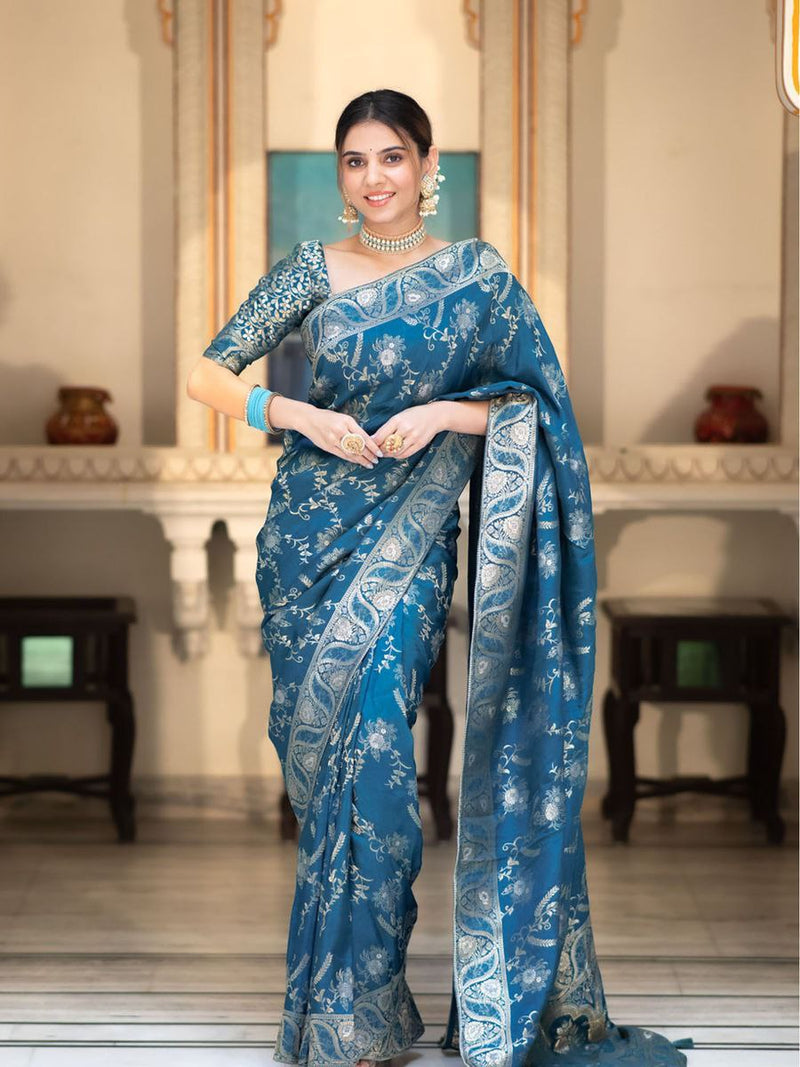 Designer Litchi Silk Printed Saree With Unstitched Blouse