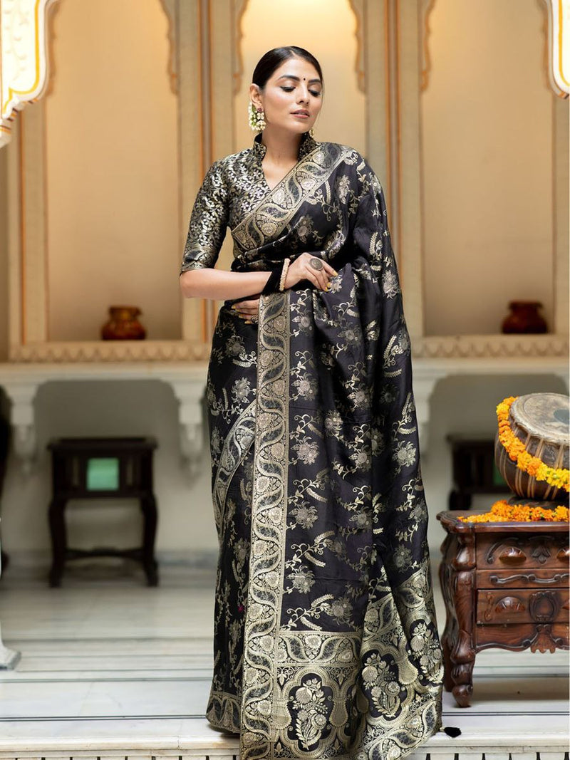 Designer Litchi Silk Printed Saree With Unstitched Blouse