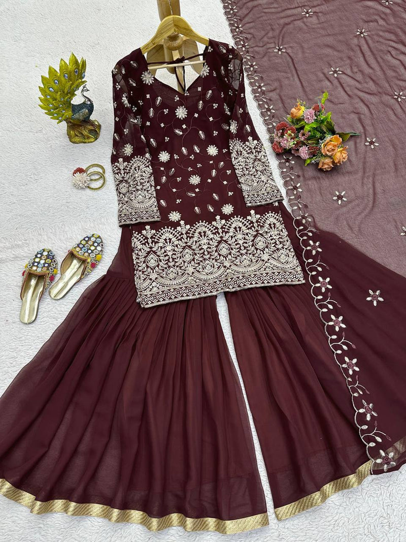 Elegant Faux Georgette Salwar Suit with Thread & Sequin Work - Complete with Sharara and Dupatta