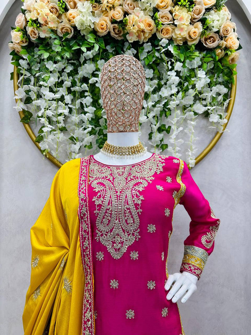 Stunning Chinon Silk Designer Suit with Sharara and Dupatta