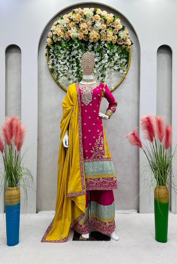 Stunning Chinon Silk Designer Suit with Sharara and Dupatta