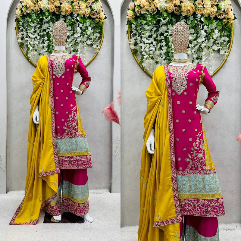 Stunning Chinon Silk Designer Suit with Sharara and Dupatta