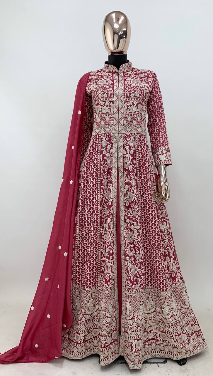 Radiant Vichitra Silk Gown Set with Intricate Embroidery Work - Full Stitched for Perfect Fit