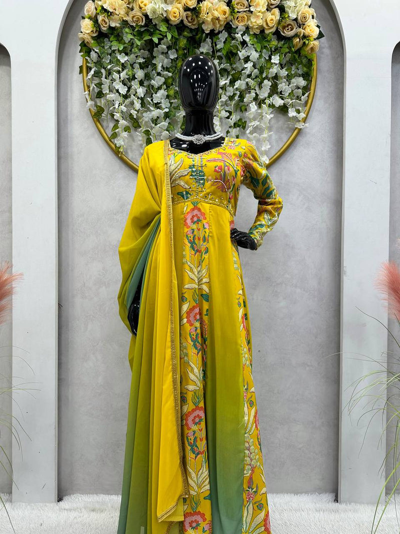 Stunning Muslin Designer Suit with Digital Print & Hand Work