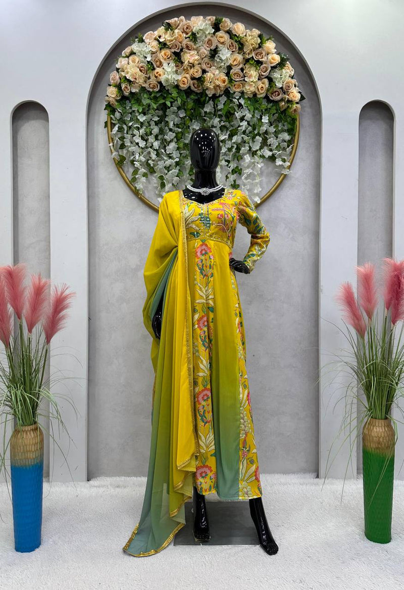 Stunning Muslin Designer Suit with Digital Print & Hand Work