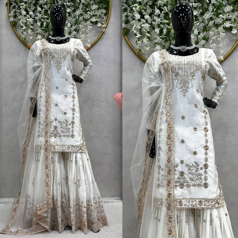 Elegant Chinon Silk Salwar Suit Set with Sharara and Embroidered Net Dupatta