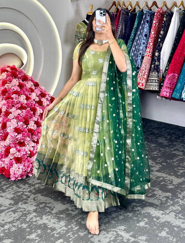 Kota Silk Anarkali Suit with Weaving Jacquard, Padded Koti, and Sequined Net Dupatta