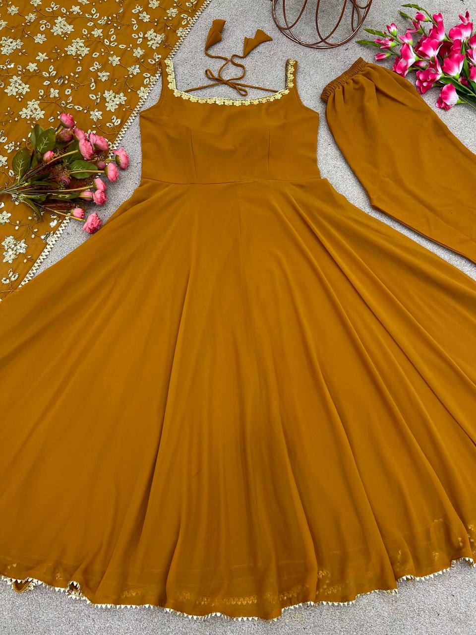 Mustard Designer Party Wear Gown Set for Women