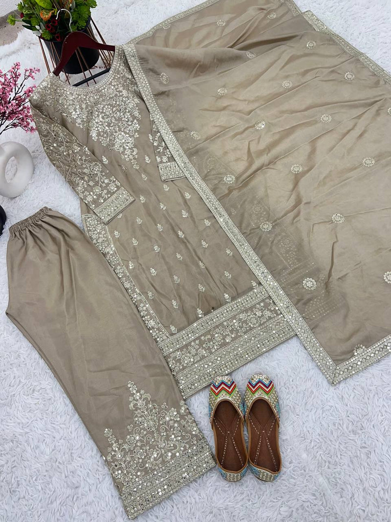 Glamour: Pure Chinnon Silk Set with Embroidered Sequence Work