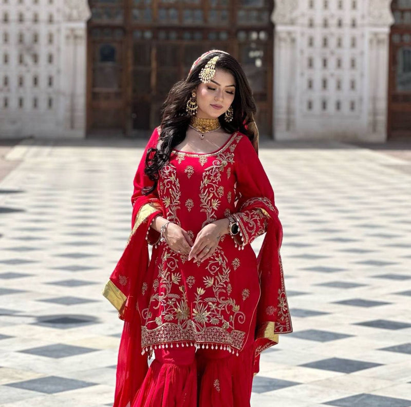 Red Embroidered Salwar Suit & Sharara Set