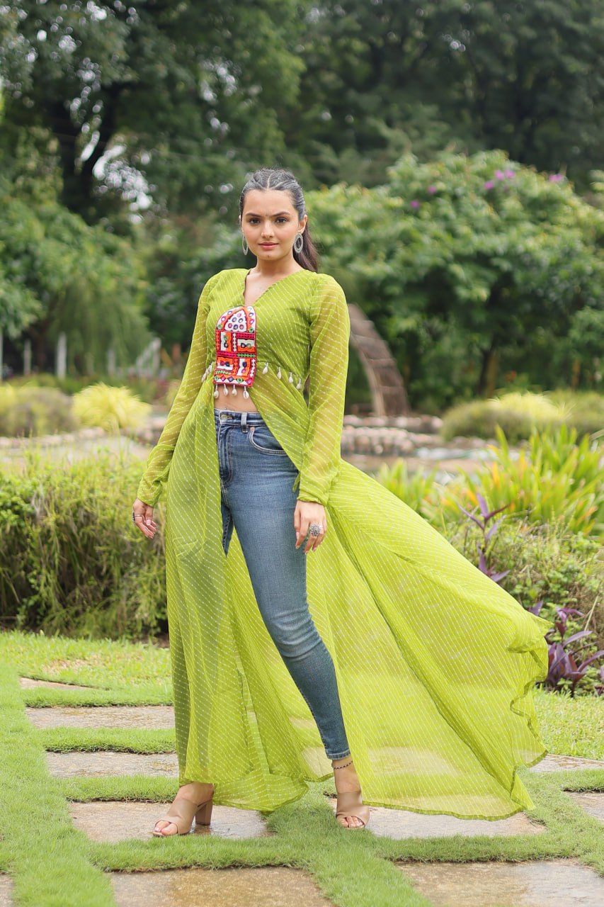 Designer Leheriya Front-Open Kurti with Kutchi Patchwork