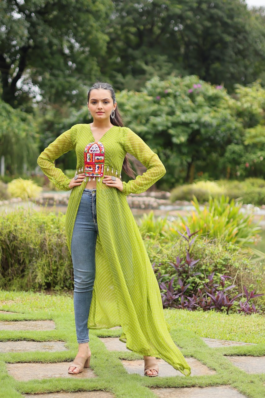 Designer Leheriya Front-Open Kurti with Kutchi Patchwork