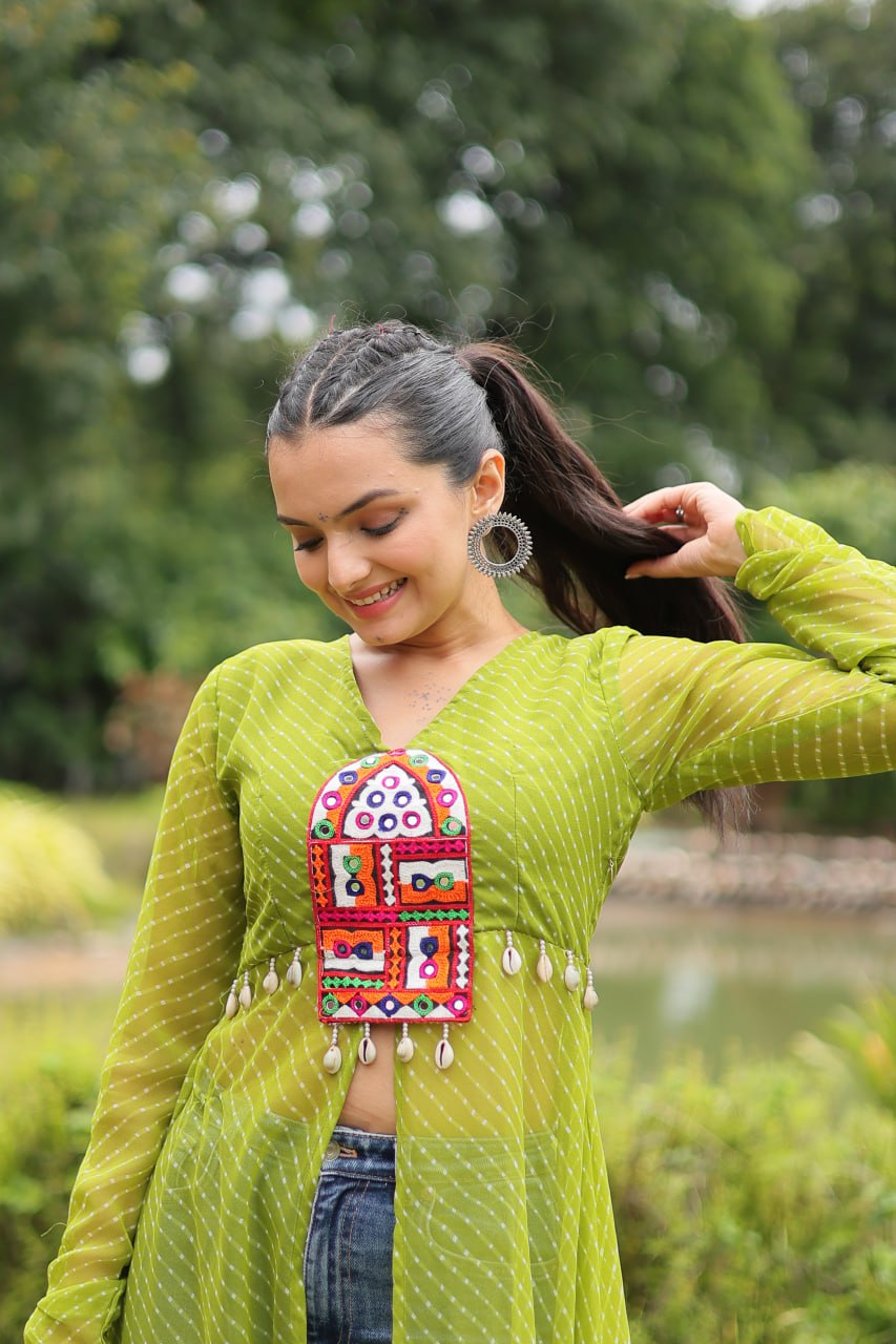 Designer Leheriya Front-Open Kurti with Kutchi Patchwork