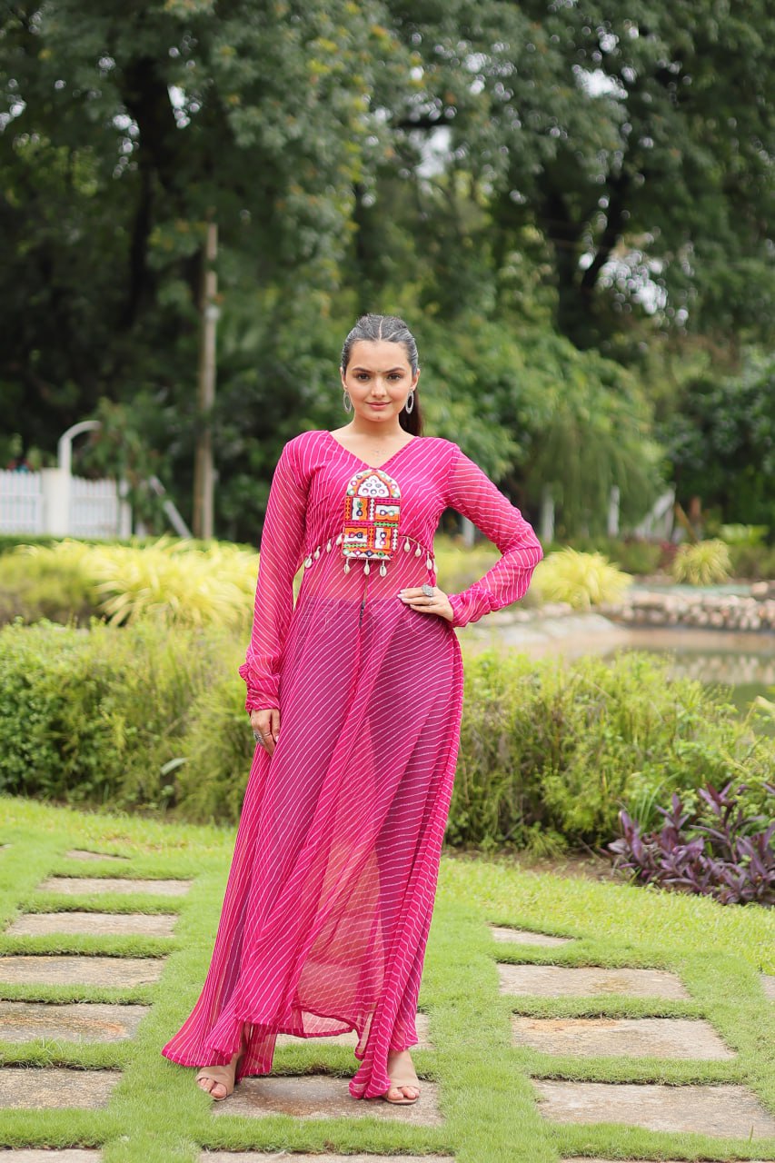 Designer Leheriya Front-Open Kurti with Kutchi Patchwork