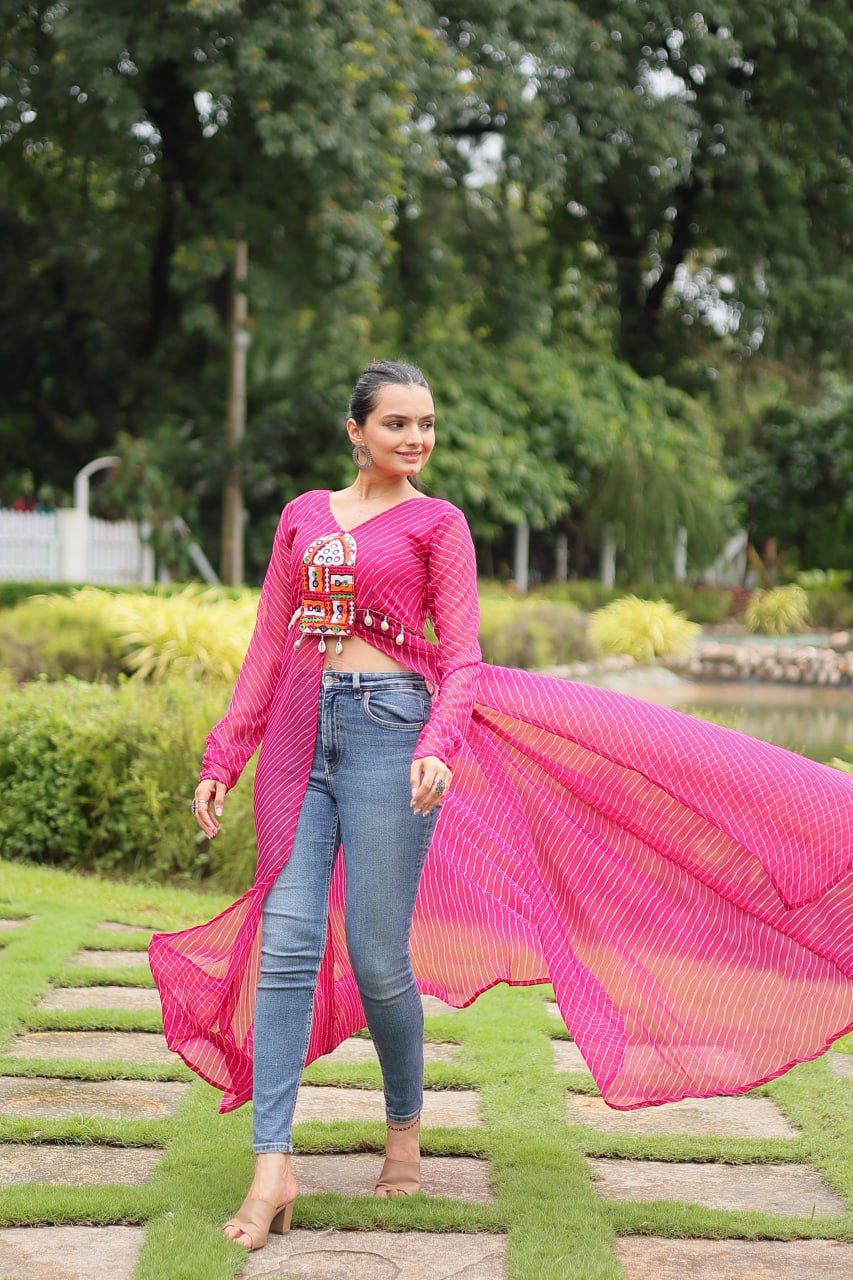 Designer Leheriya Front-Open Kurti with Kutchi Patchwork