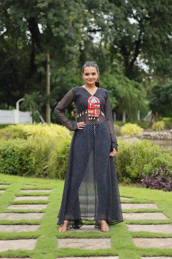 Designer Leheriya Front-Open Kurti with Kutchi Patchwork