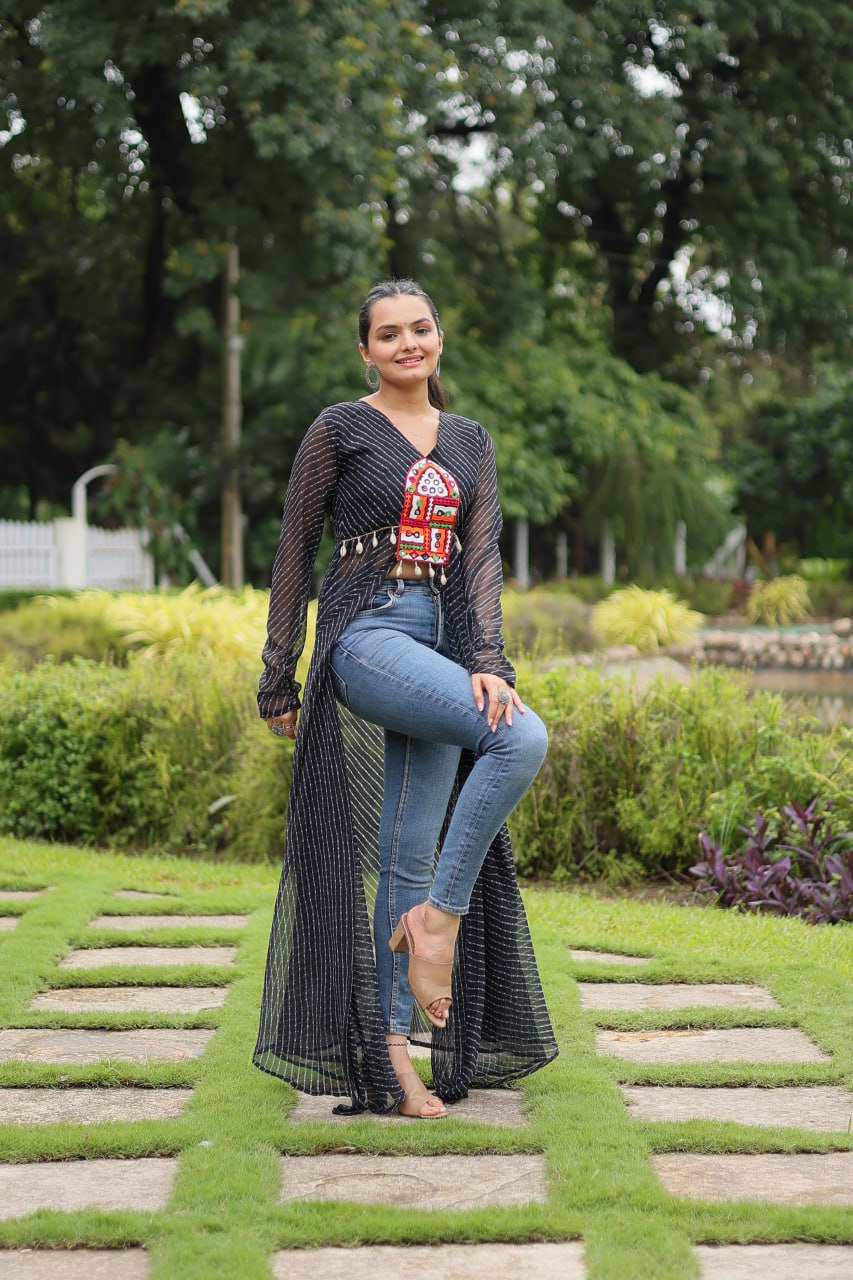 Designer Leheriya Front-Open Kurti with Kutchi Patchwork