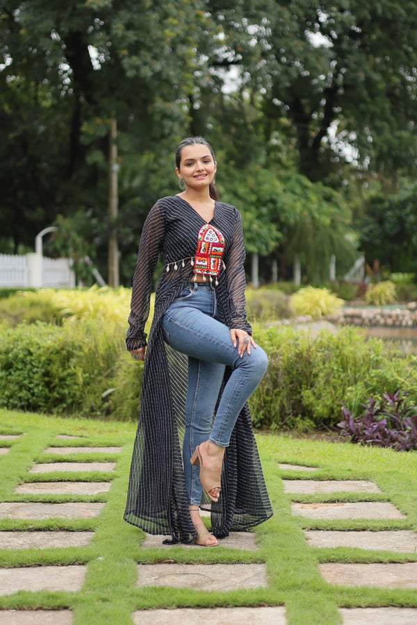 Designer Leheriya Front-Open Kurti with Kutchi Patchwork