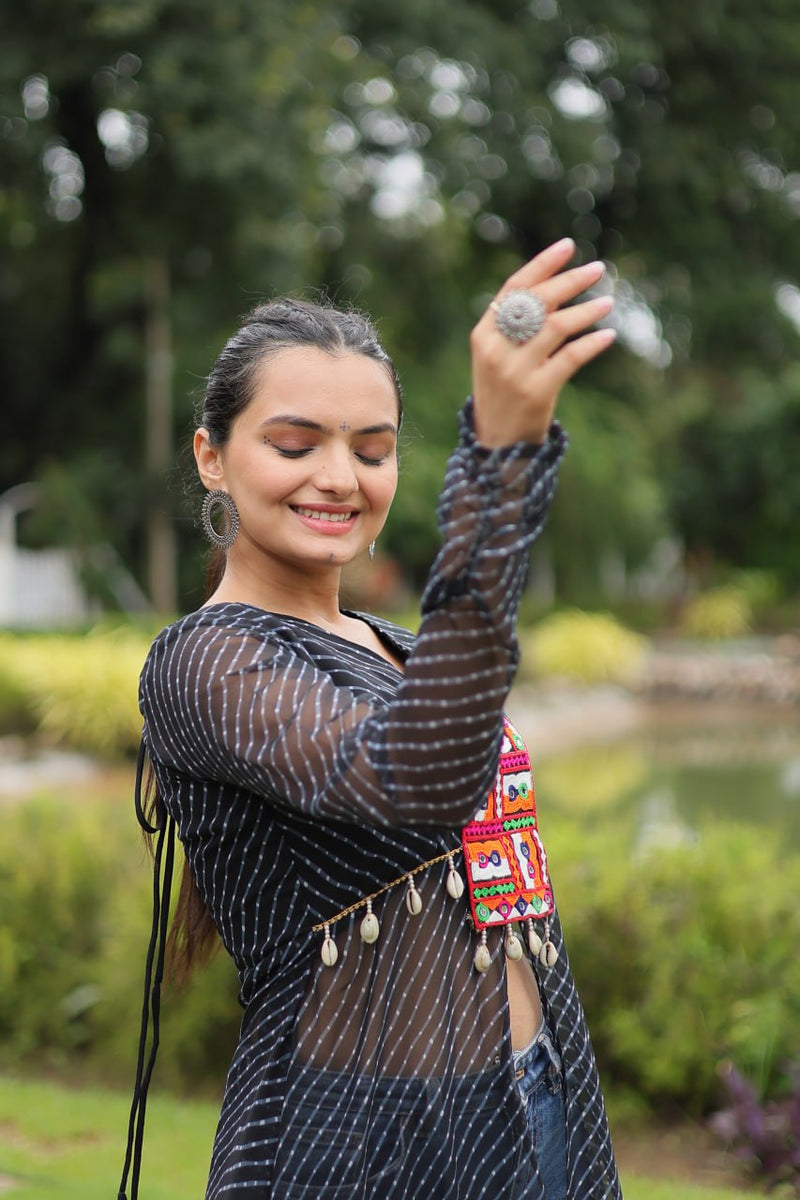 Designer Leheriya Front-Open Kurti with Kutchi Patchwork