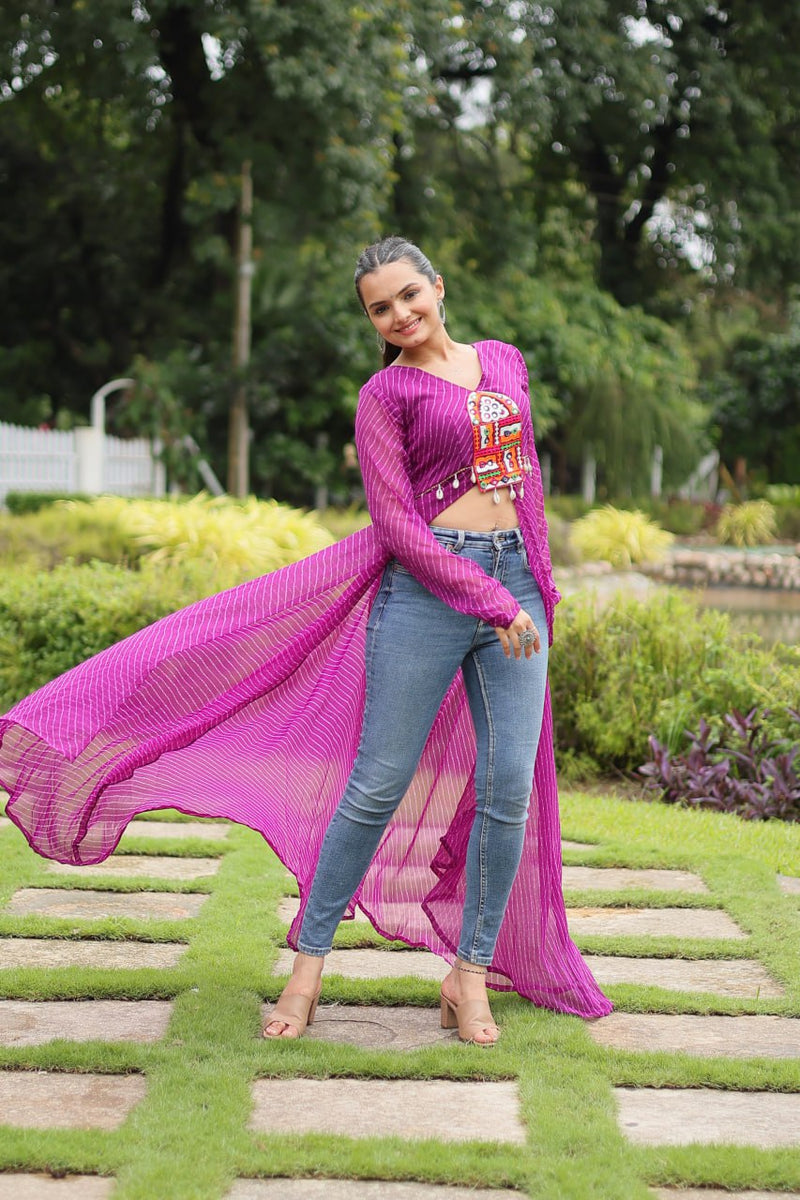 Designer Leheriya Front-Open Kurti with Kutchi Patchwork