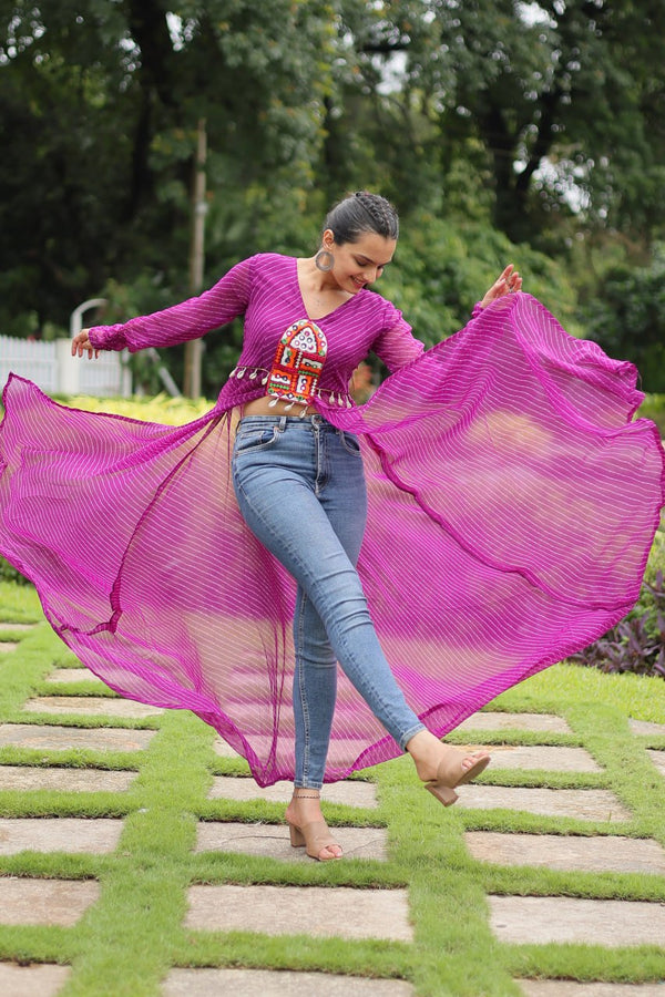 Designer Leheriya Front-Open Kurti with Kutchi Patchwork